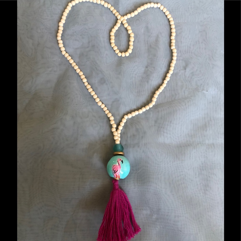 Vintage painted wooden flamingo tassel necklace